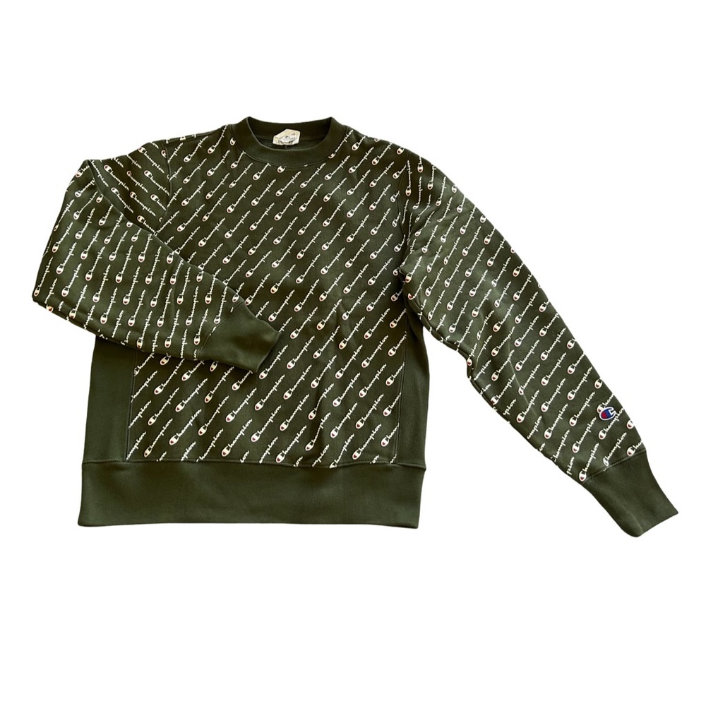 Champion Olive Green All-Over Logo Crewneck Sweater
